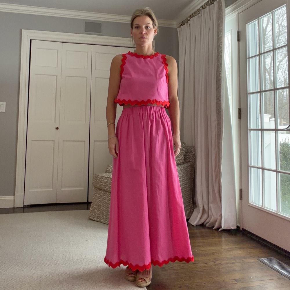 Petal & Pup Pink Skirt Set with Red Trim